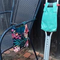 Simple basic crutch bag, walker bag, scooter handlebars bag, bed rail caddy, hook & loop, hanging bag, blue purple green flowers, retro