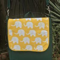 Slim tall messenger style cross body canvas bag, sized for a scorebook, vinyl bottom, White Elephants, Oakland A's Athletics baseball fan, tote, satchel
