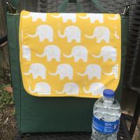 Slim tall messenger style cross body canvas bag, sized for a scorebook, vinyl bottom, White Elephants, Oakland A's Athletics baseball fan, tote, satchel