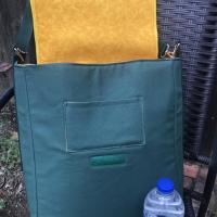 Slim tall messenger style cross body canvas bag, sized for a scorebook, vinyl bottom, White Elephants, Oakland A's Athletics baseball fan, tote, satchel