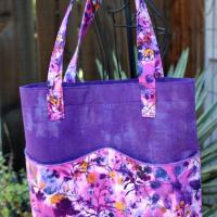Purple Floral Tote Bag w/ Wavy Pockets, Woman's, Errands, Market Shopping Bag, Flowers, Butterflies