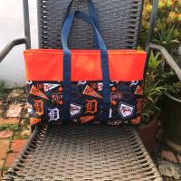 SECOND - AS IS - Discounted, Small canvas heavy duty tote bag, Detroit Tigers, baseball, six exterior pockets, handmade from licensed fabric