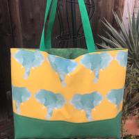 Elephants tote bag, green watercolor elephants on golden yellow, canvas bottom, magnetic snap, one pocket, elephant shopping market bag