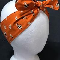 3” Wide Burnt Orange Floral Bandana Print Headband, self tie, hair wrap, pin up style, hair tie, retro style, rockabilly