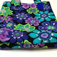 Simple basic crutch bag, walker bag, scooter handlebars bag, bed rail caddy, hook & loop, hanging bag, blue purple green flowers, retro