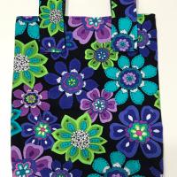 Simple basic crutch bag, walker bag, scooter handlebars bag, bed rail caddy, hook & loop, hanging bag, blue purple green flowers, retro