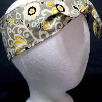 3” Wide Gray and Yellow Floral headband, self tie, hair wrap, pin up style, hair tie, retro style, grey scarf, bandana