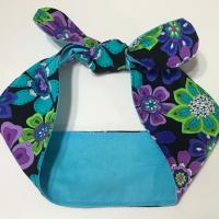 3” Wide Reversible Floral headband, hair wrap, pin up, hair tie, retro style, rockabilly, purple blue green black