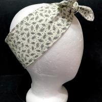 3” W  headband, hair wrap, neutral colors, pin up, hair tie, neck, retro hair accessory, tiny small flowers, leaves, botanical