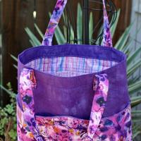 Purple Floral Tote Bag w/ Wavy Pockets, Woman's, Errands, Market Shopping Bag, Flowers, Butterflies