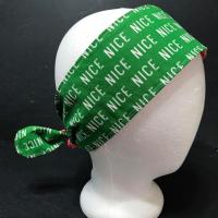 Christmas theme headband showing it tied in back, green Nice sides showing