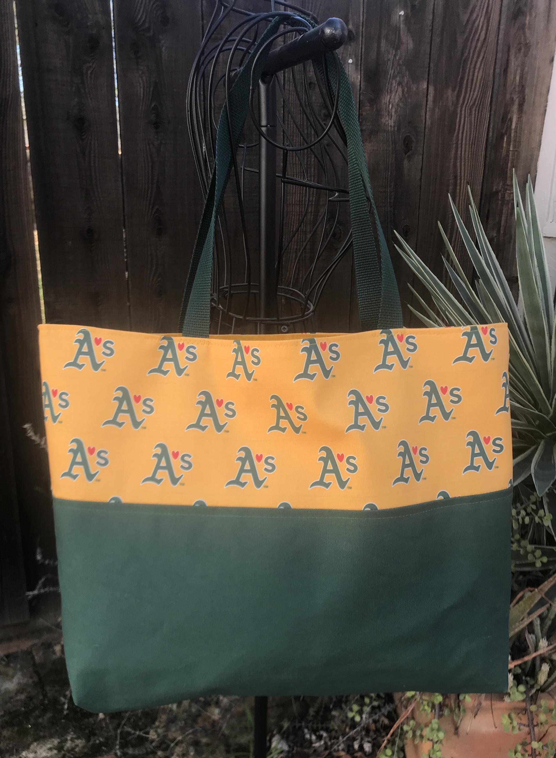 Tote bag, canvas bottom, Love Oakland A's Athletics, hook & loop closure, one interior pocket, polypropylene straps