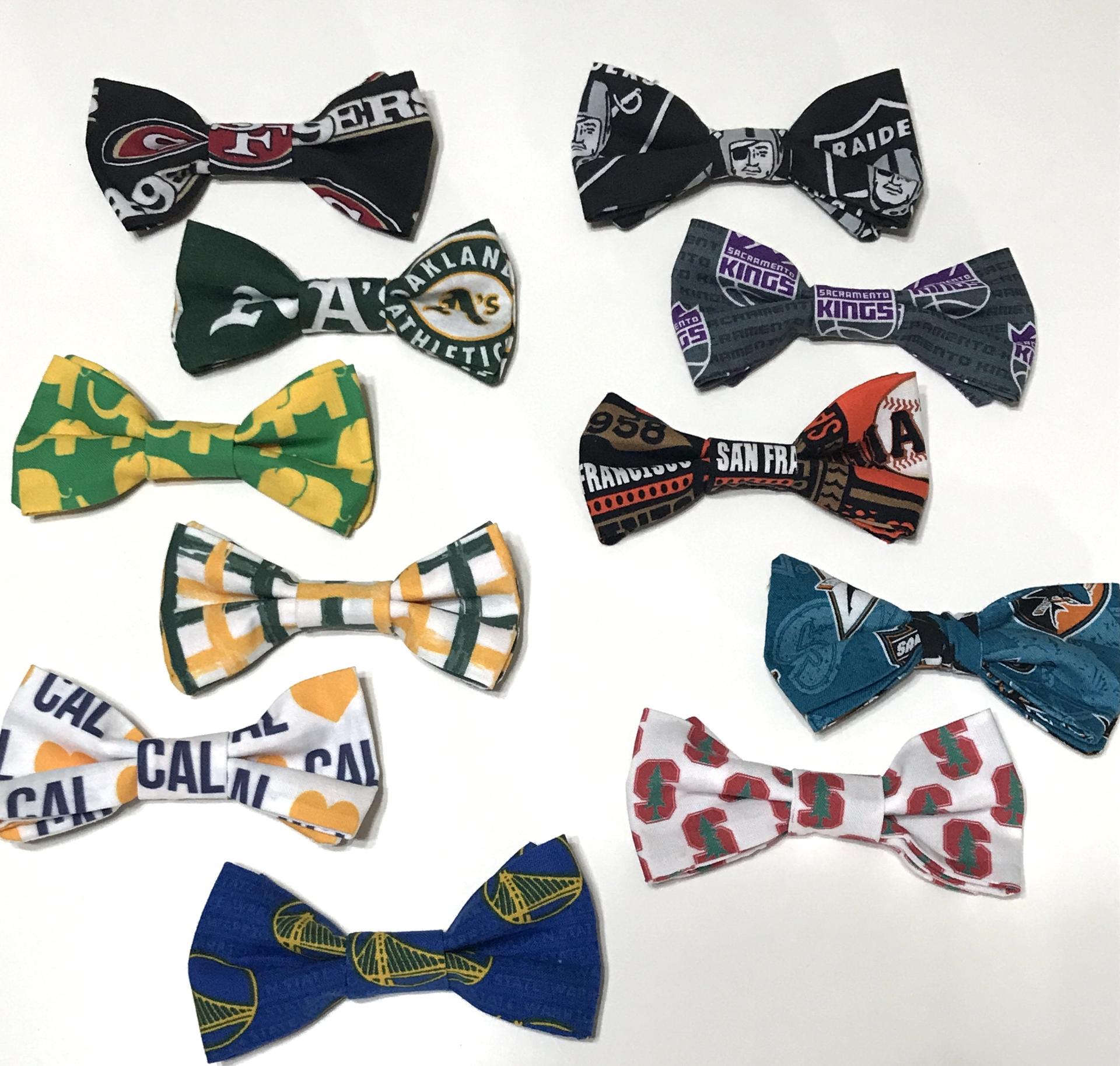 Adult size bow tie, adjustable strap, Northern CA, cotton fabric, Oakland A's, elephants, 49ers, Sacramento Kings, SJ Sharks, Warriors, SF Giants, Raiders, team colors