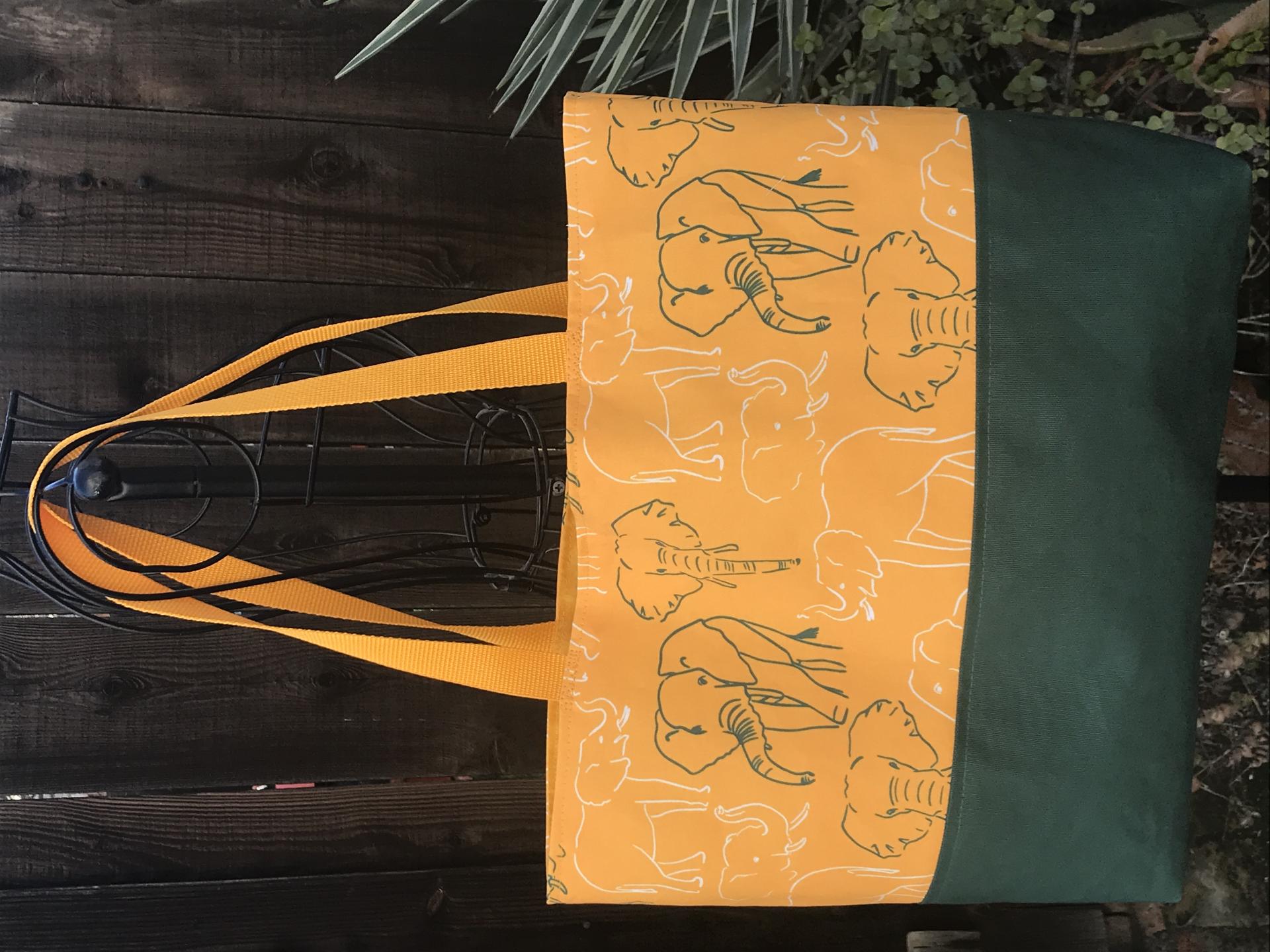 Tote bag, canvas bottom, green & white elephant outlines, hook & loop, one interior pocket, polypropylene straps, Oakland A's Athletics