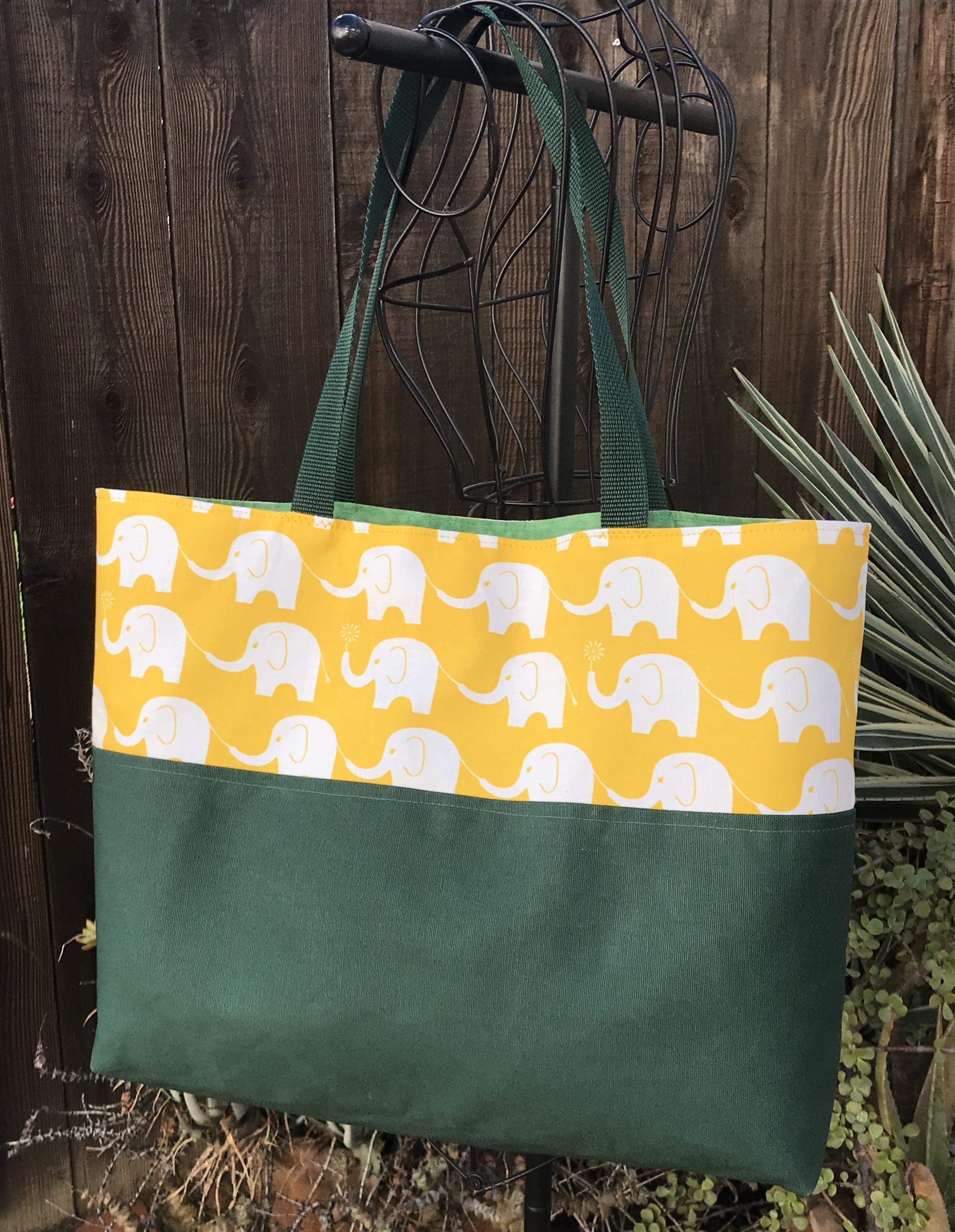 Tote bag, canvas bottom, white elephants on yellow,