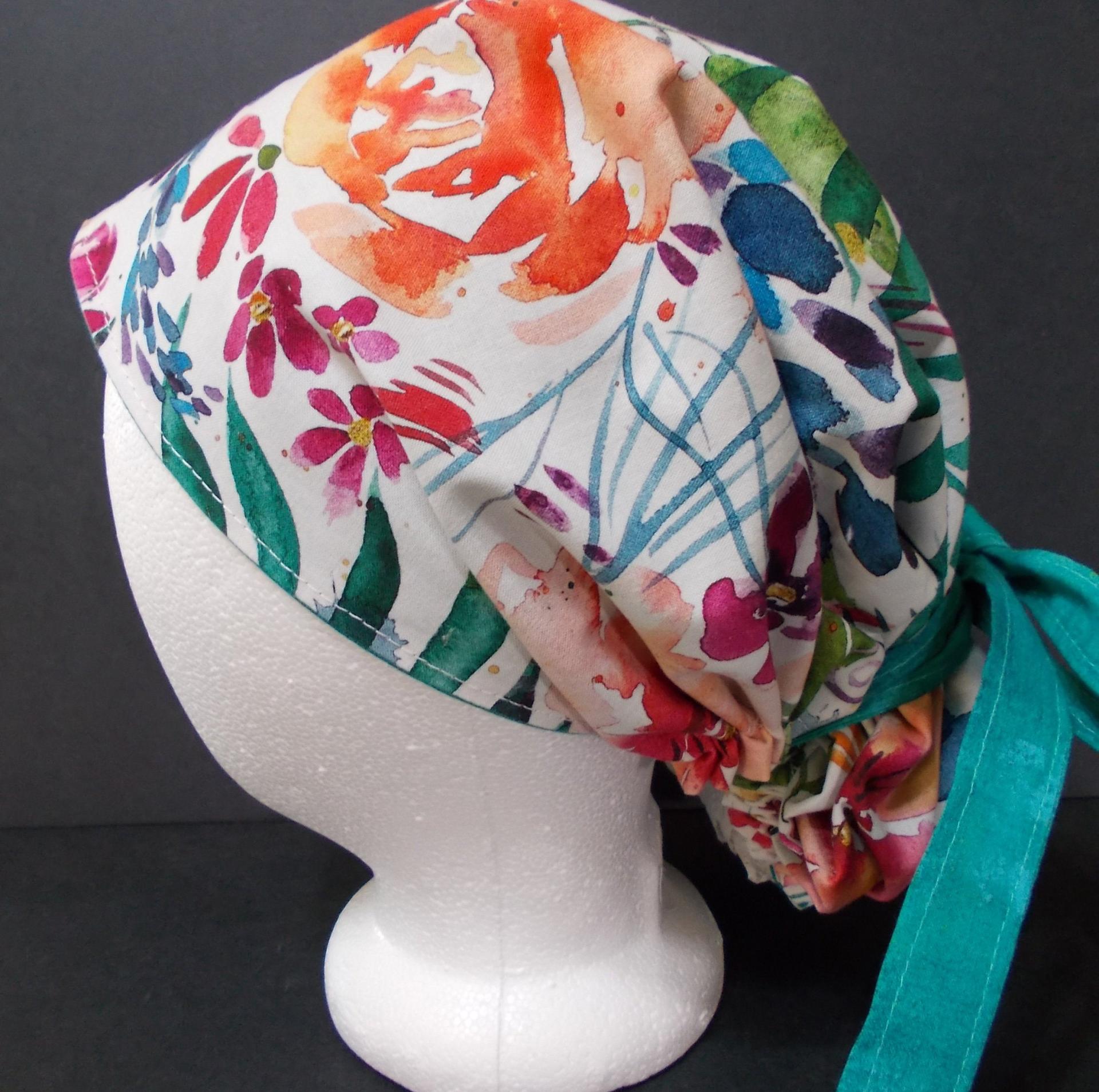 Reversible scrub cap short & medium length hair, ties, pony tail, nurse tech technician doctor medical chemo hat head cover watercolor white