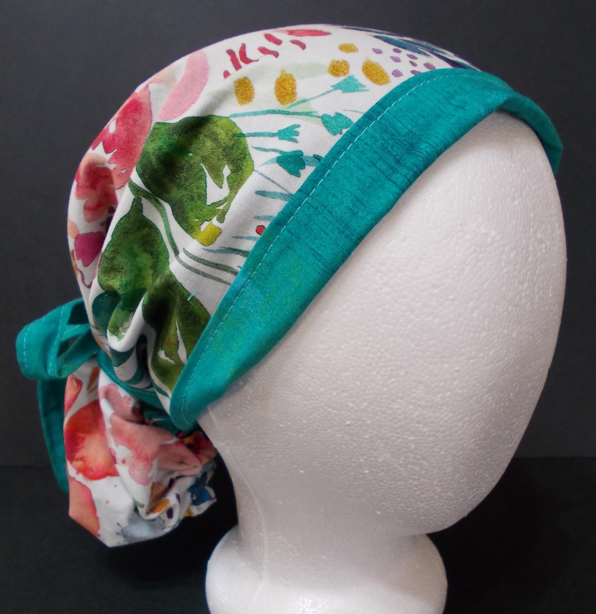 Reversible scrub cap short & medium length hair, ties, pony tail, nurse tech technician doctor medical chemo hat head cover watercolor white