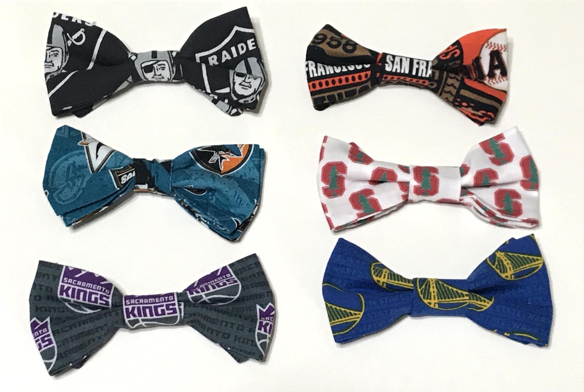 Adult size bow tie, adjustable strap, Northern CA, cotton fabric, Oakland A's, elephants, 49ers, Sacramento Kings, SJ Sharks, Warriors, SF Giants, Raiders, team colors