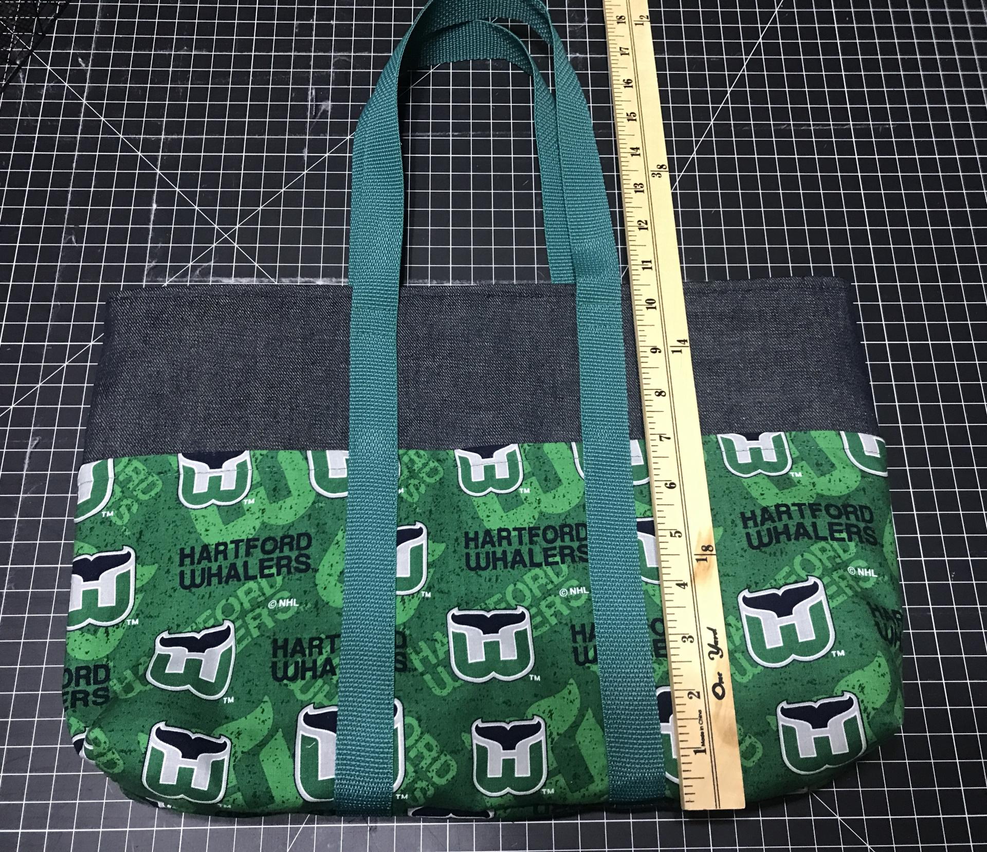 Small denim heavy duty tote bag, six exterior pockets, Hartford Whalers, WHL, Handmade
