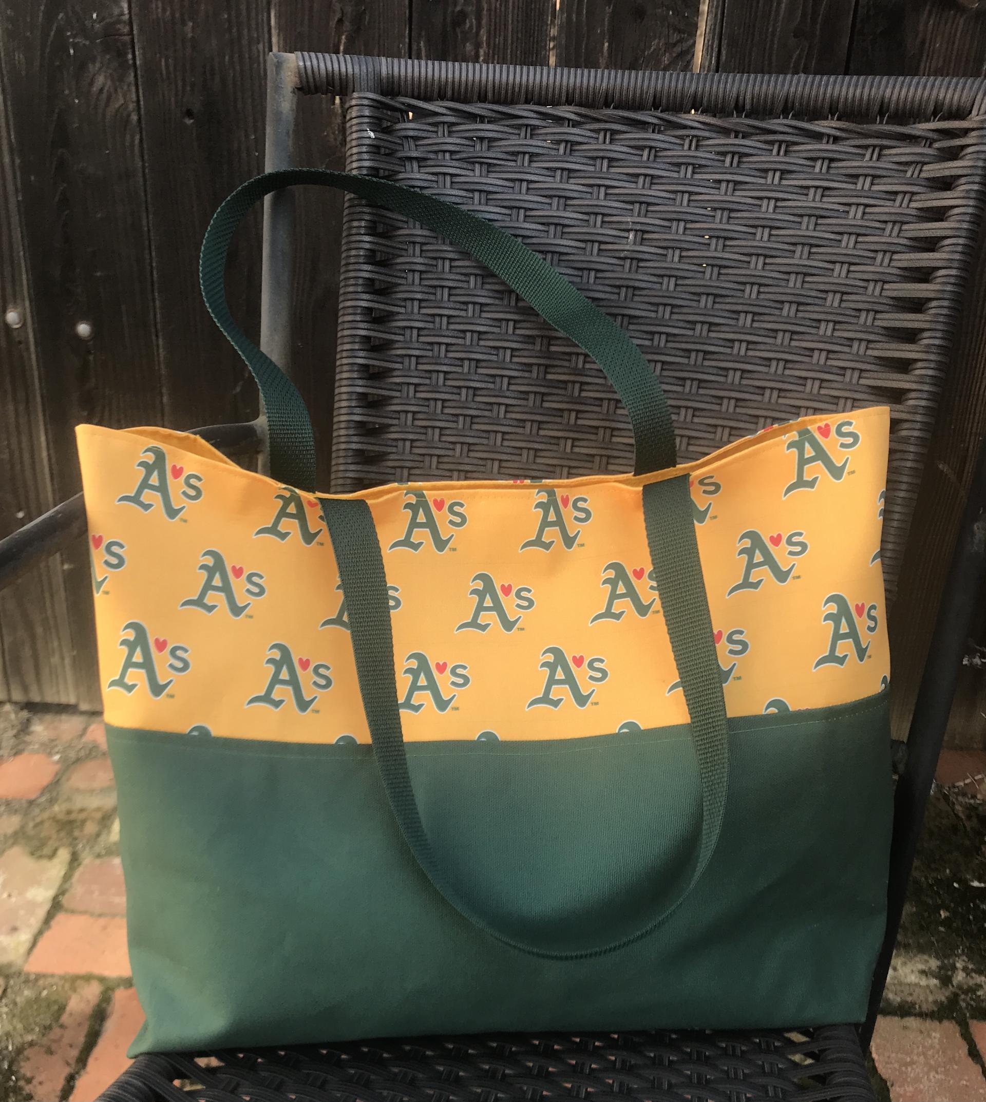 Tote bag, canvas bottom, Love Oakland A's Athletics, hook & loop closure, one interior pocket, polypropylene straps