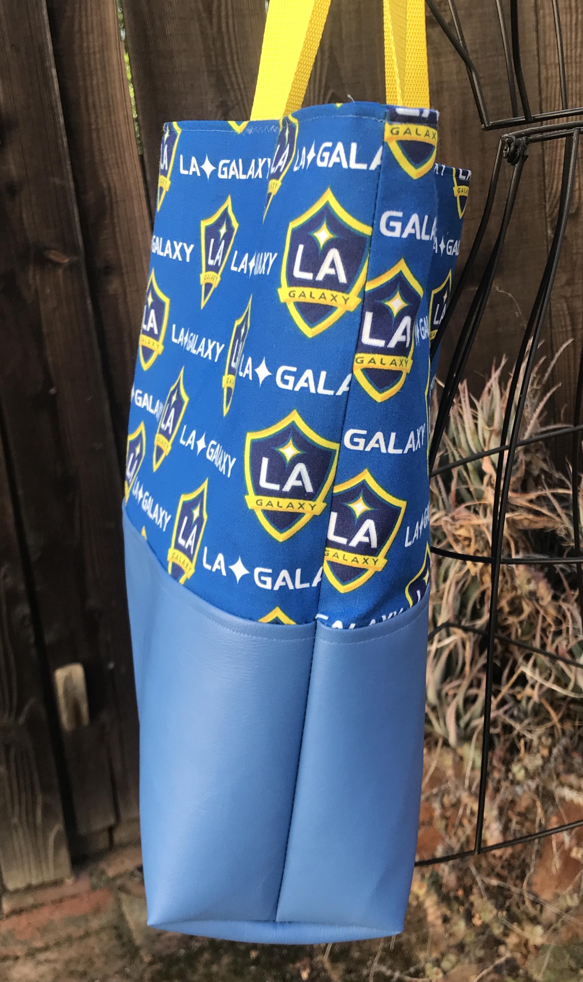 Side view of LA Galaxy handmade tote bag