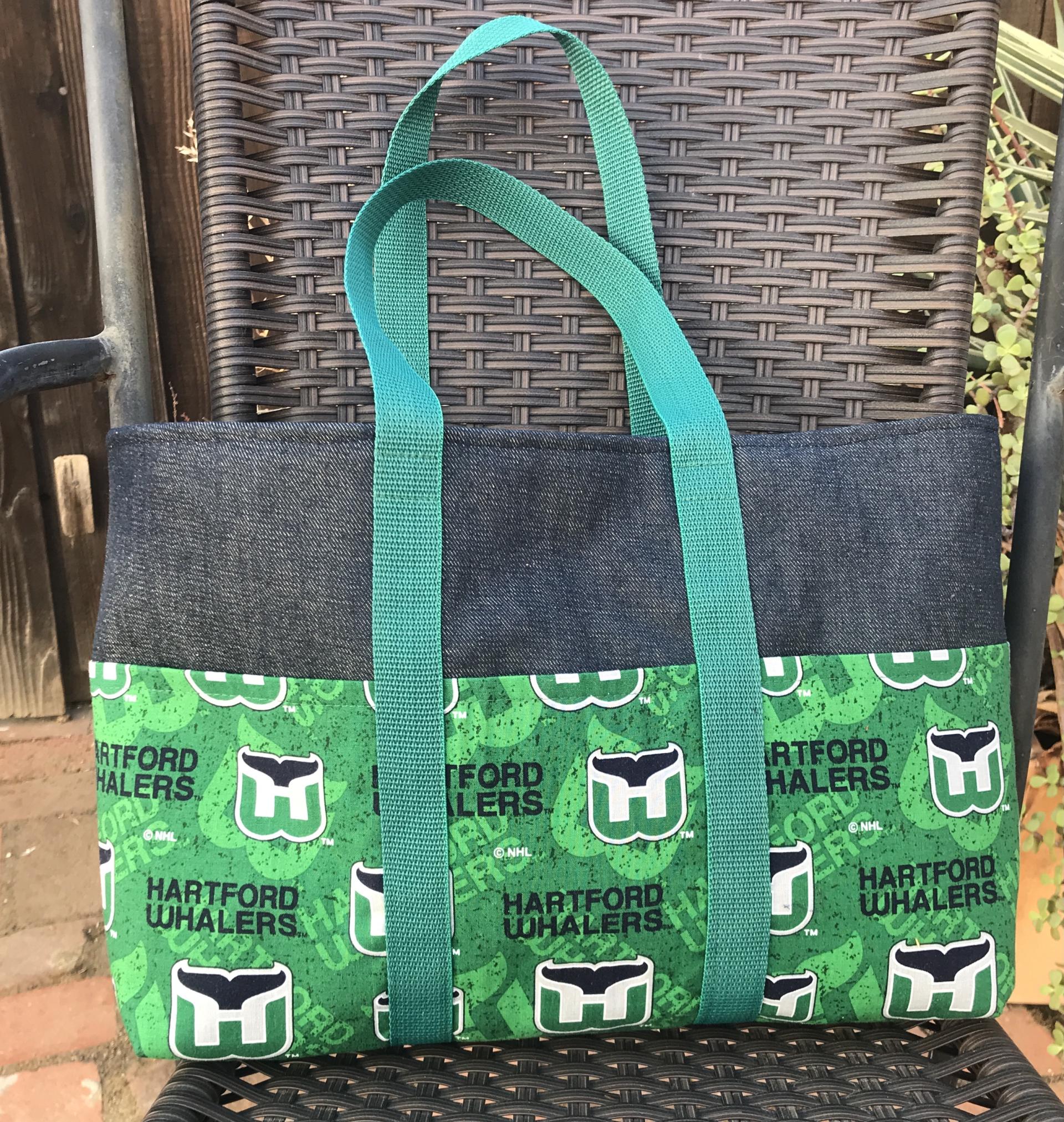 Small denim heavy duty tote bag, six exterior pockets, Hartford Whalers, WHL, Handmade
