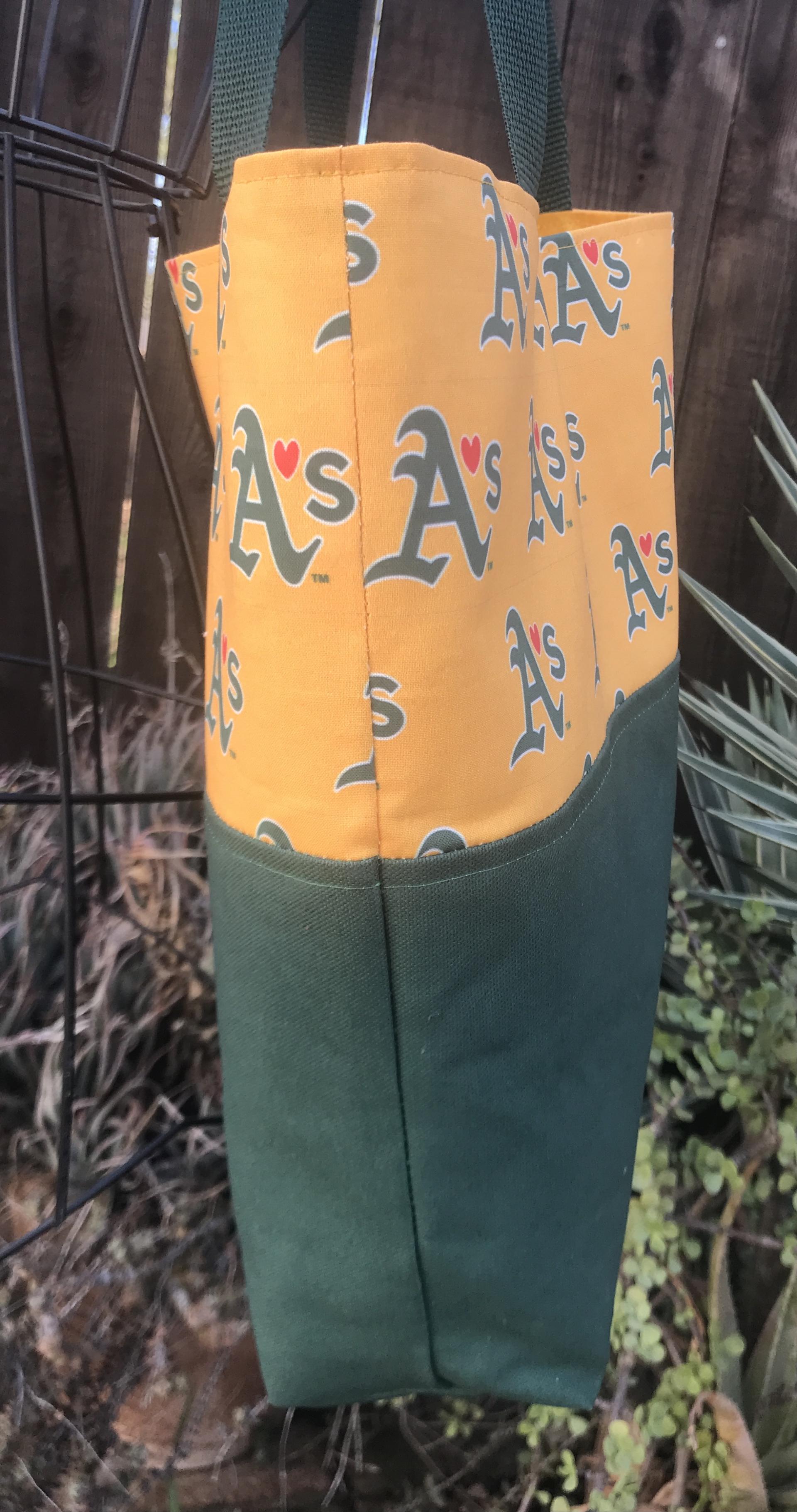 Tote bag, canvas bottom, Love Oakland A's Athletics, hook & loop closure, one interior pocket, polypropylene straps