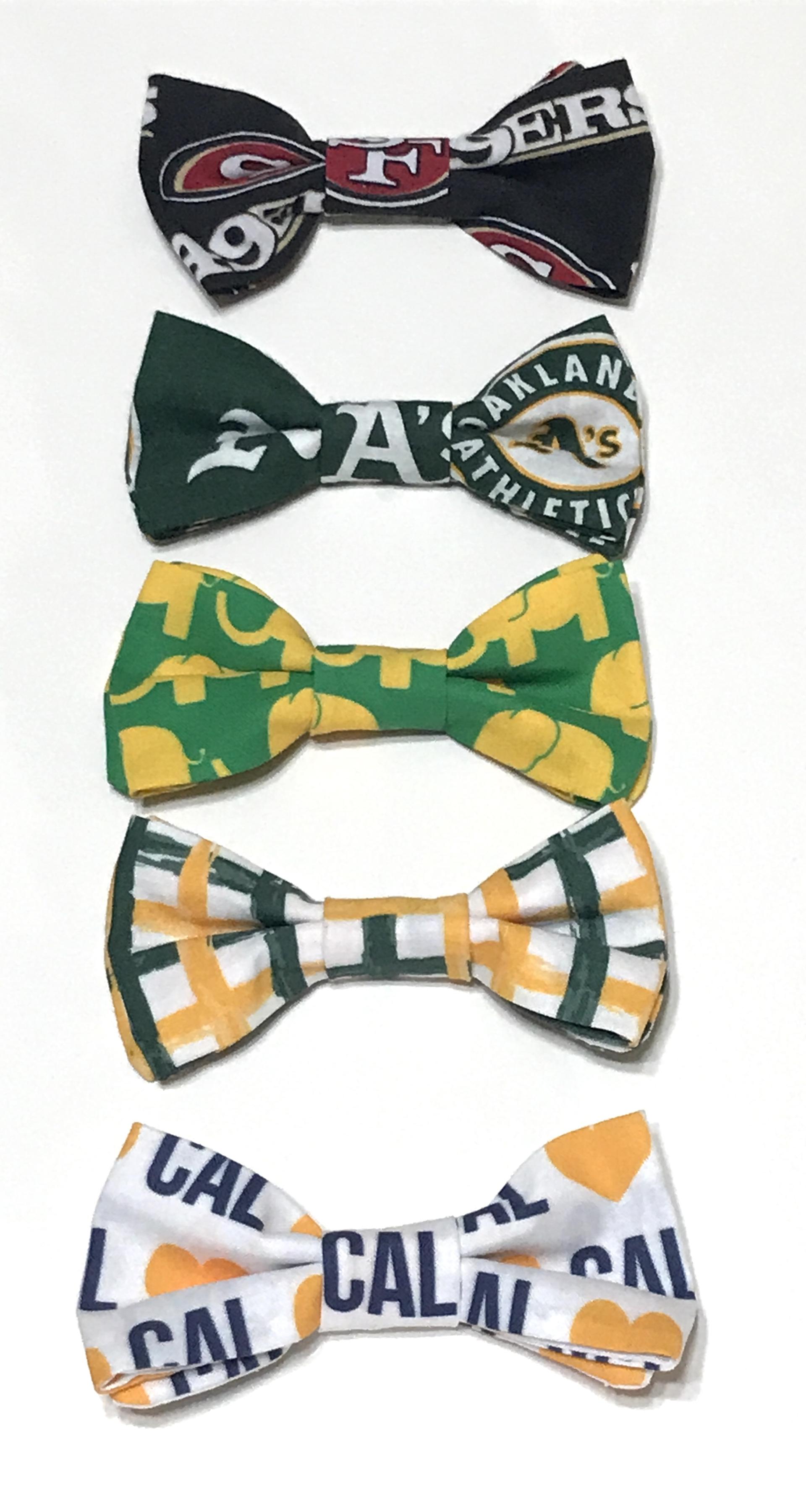 Adult size bow tie, adjustable strap, Northern CA, cotton fabric, Oakland A's, elephants, 49ers, Sacramento Kings, SJ Sharks, Warriors, SF Giants, Raiders, team colors