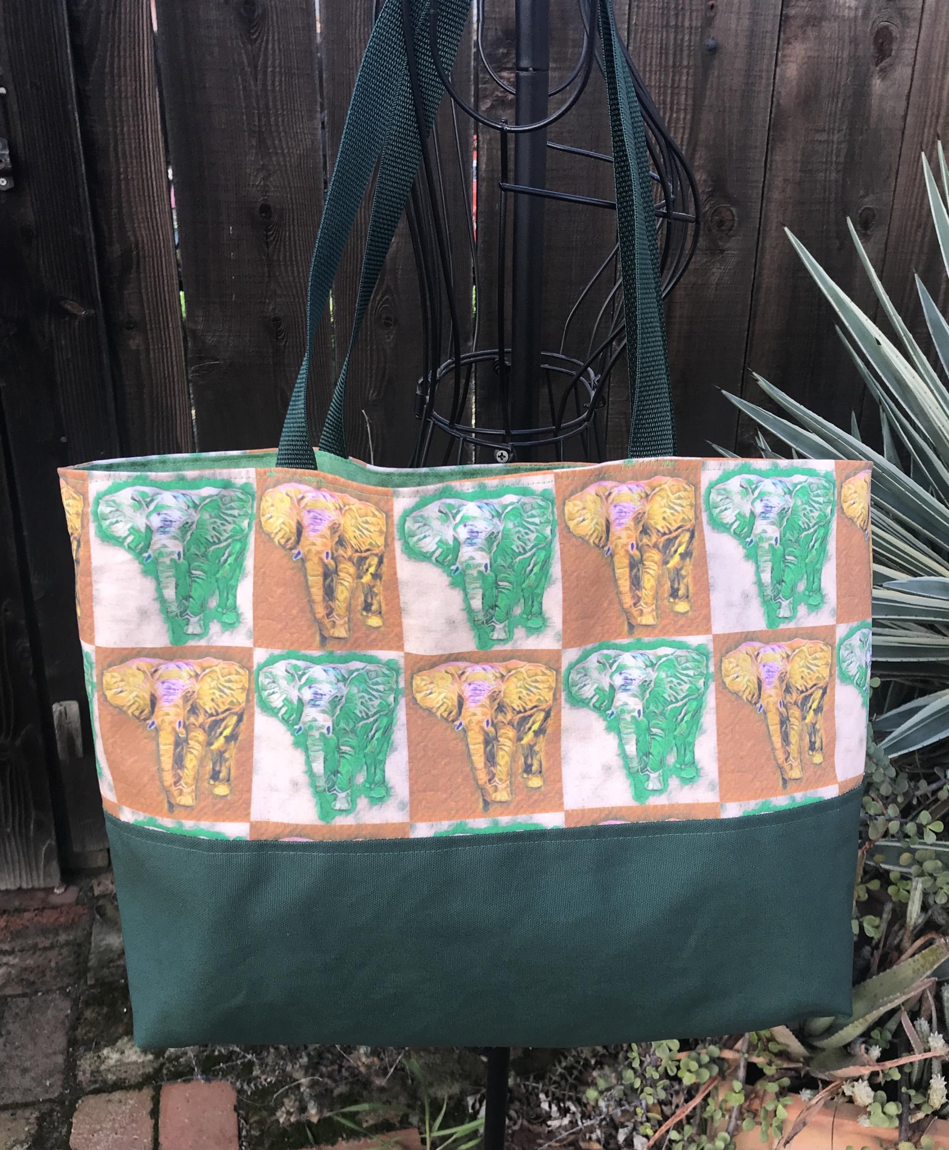 Tote bag, canvas bottom, green & yellow elephants