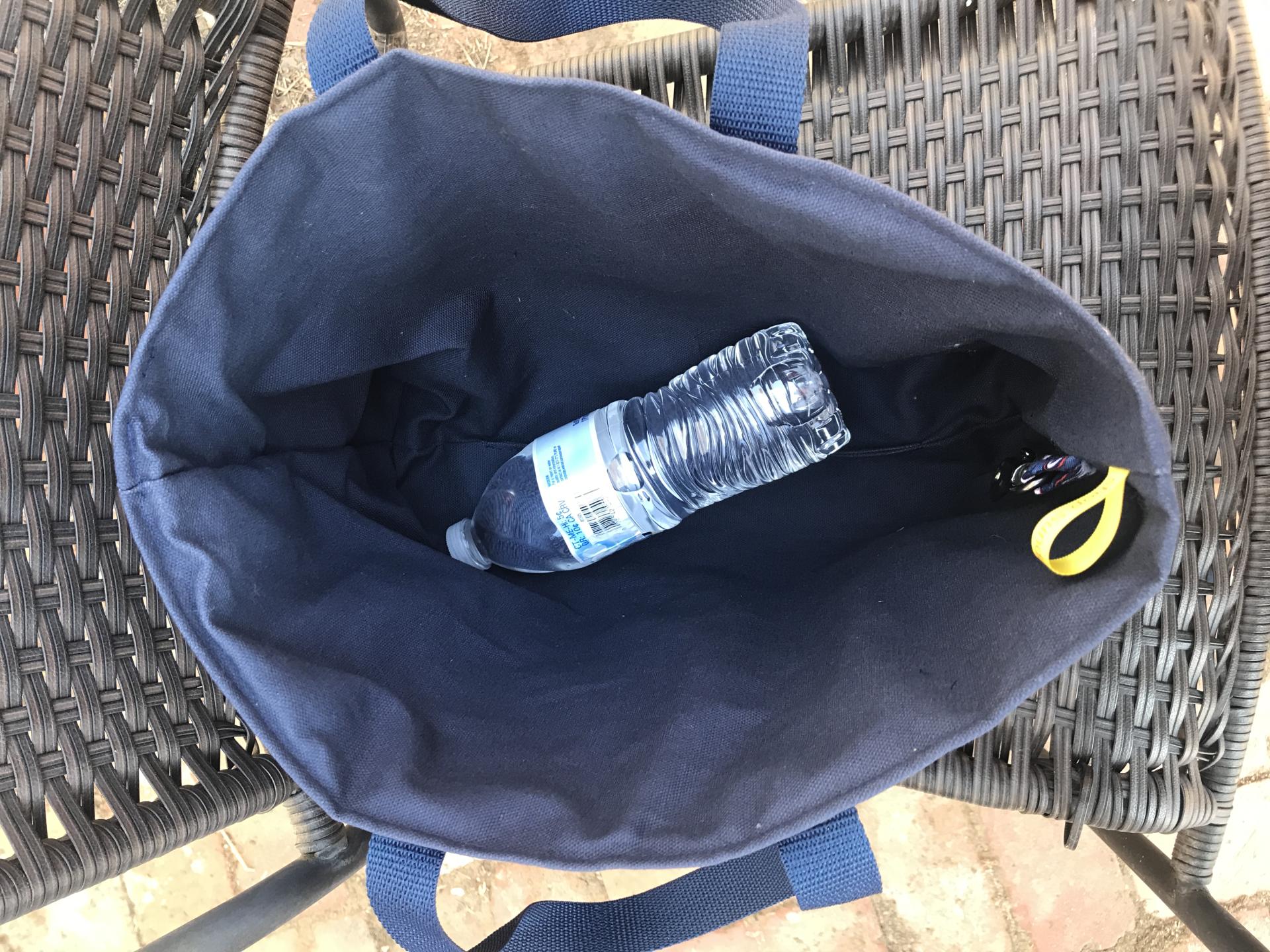 Water bottle (not included) shows scale of bag