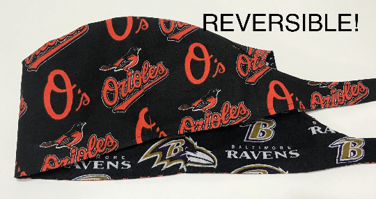 Baltimore Orioles & Ravens scrub cap, reversible, tie back, cotton, surgical skull nurse tech technician doctor medical hat Baltimore teams