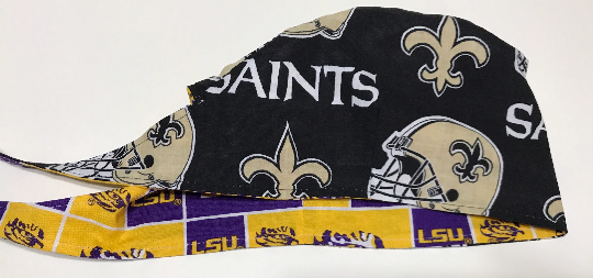 Reversible New Orleans Saints and LSU scrub cap, cotton