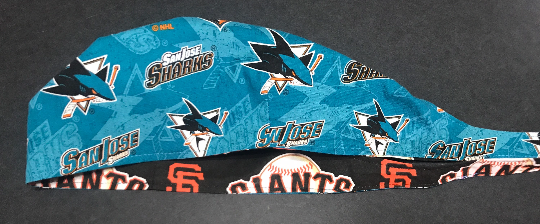 Reversible Unisex SF Giants / SJ Sharks scrub cap, tie back