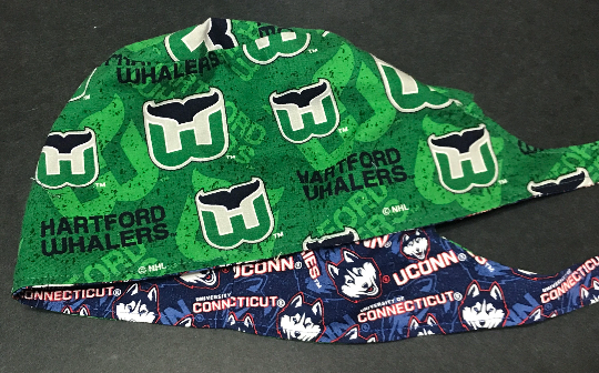 Reversible Unisex Hartford Whalers and UConn Huskies scrub cap, tie back