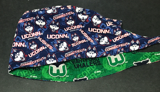 Reversible Unisex Hartford Whalers and UConn Huskies scrub cap, tie back