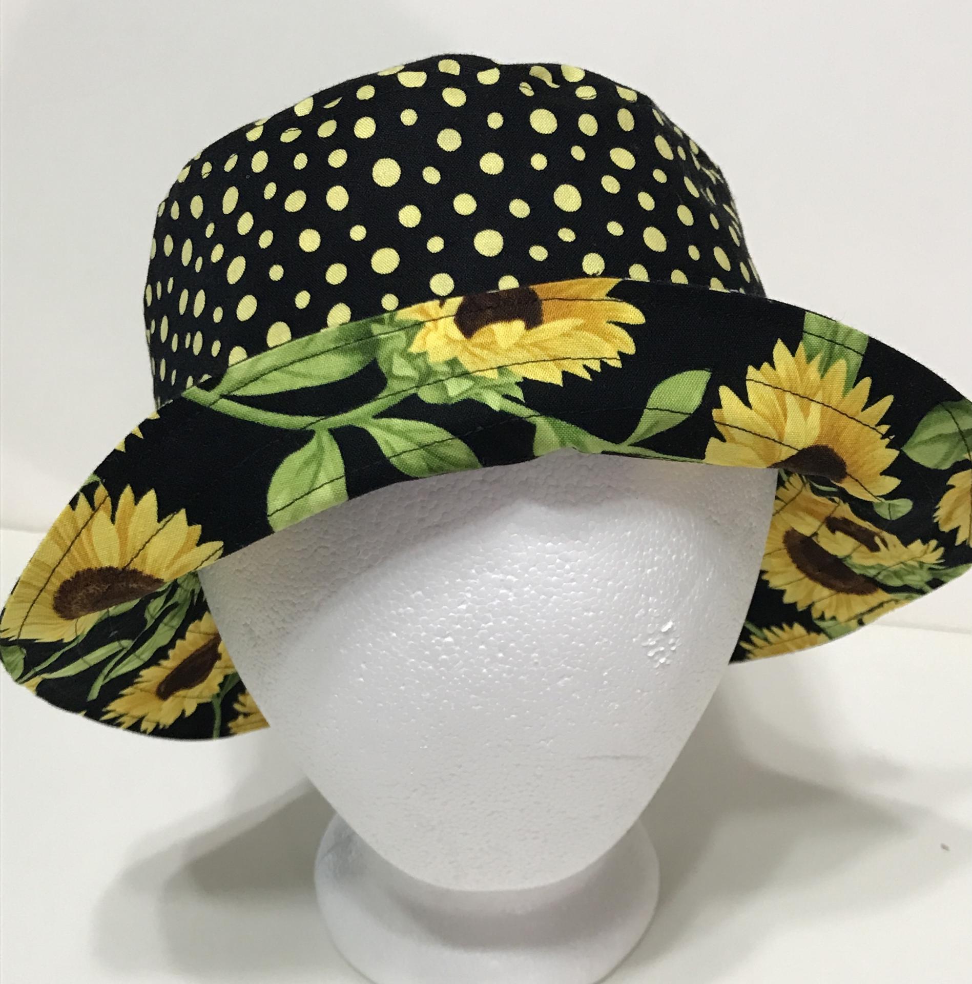 Sunflower Floral Bucket Hat, Reversible, Black Background, Adult Sizes S-XXL, Cotton, Summer Flowers, Handmade Sun Hat, Floppy Hat, Polka Dots