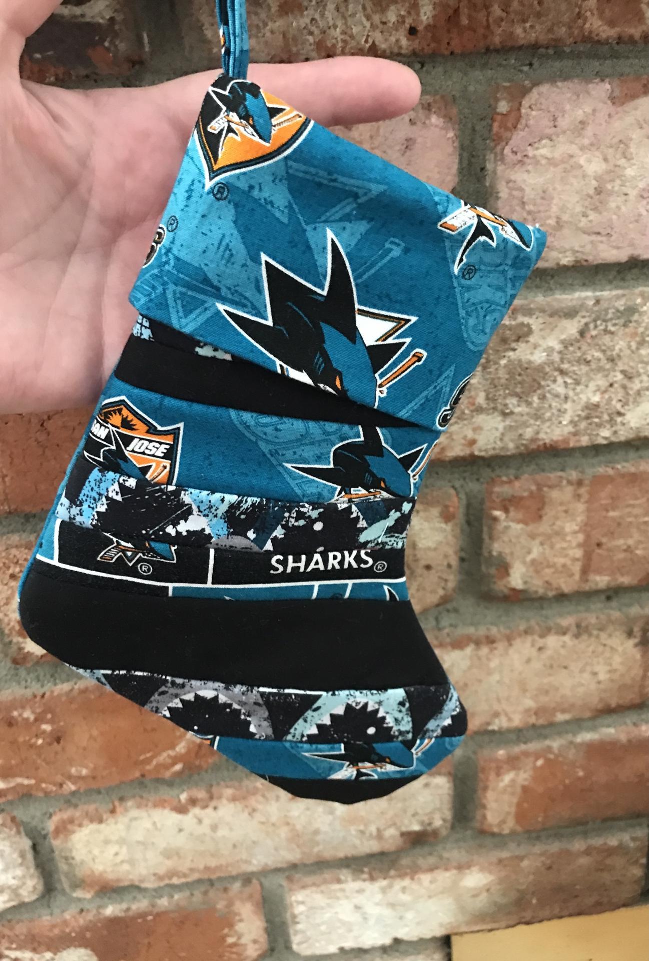 Small 9" San Jose Sharks Christmas Stocking, Quilted SJ Sharks Christmas Stocking, hockey, Sharks Christmas decoration, gift