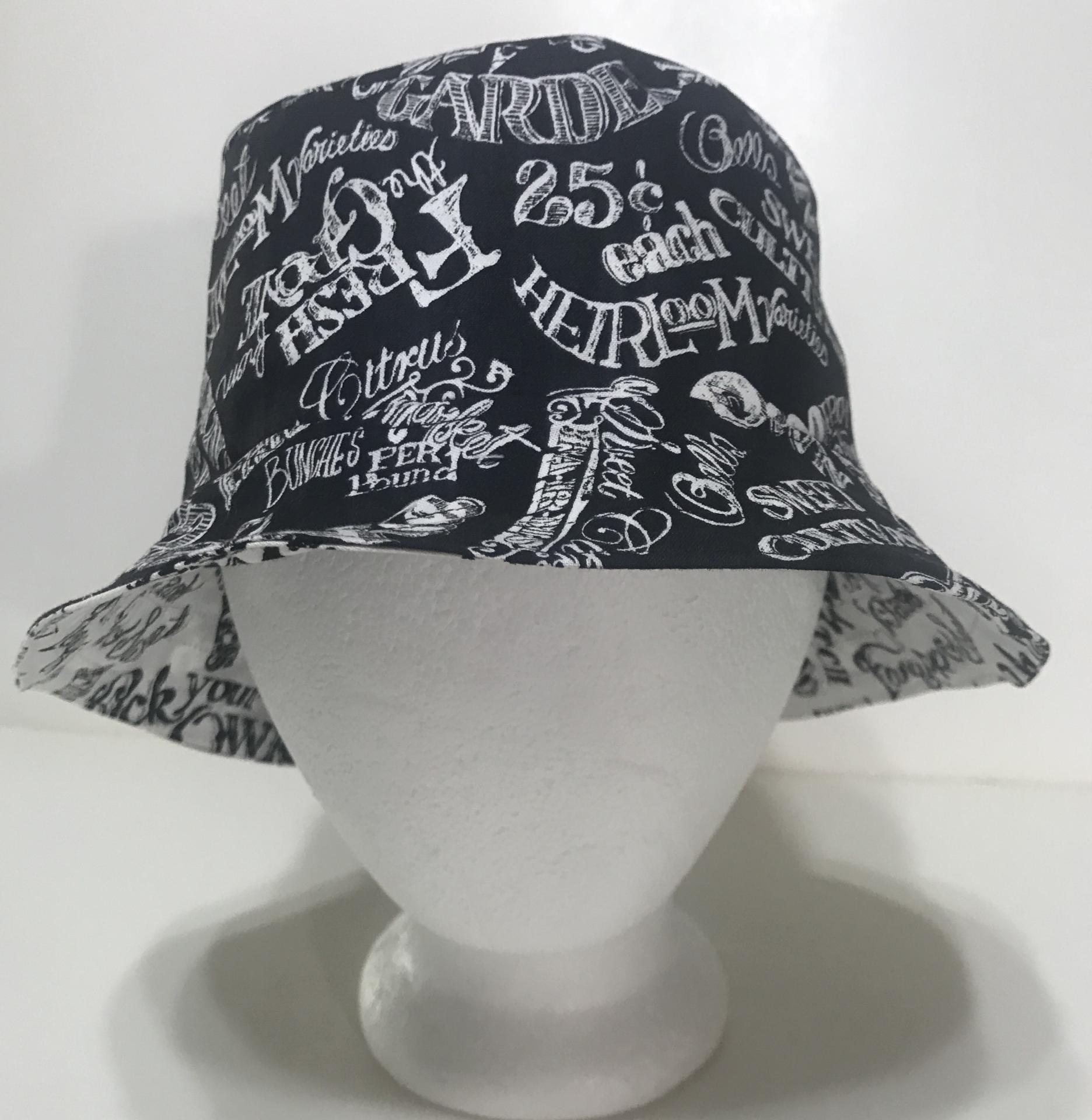 Garden Theme Bucket Hat, Black & White, Reversible Gardening Hat, Sizes up to 4XL, Cotton, Gift for Gardener, Farmers' Market Vegetables, adults or older children