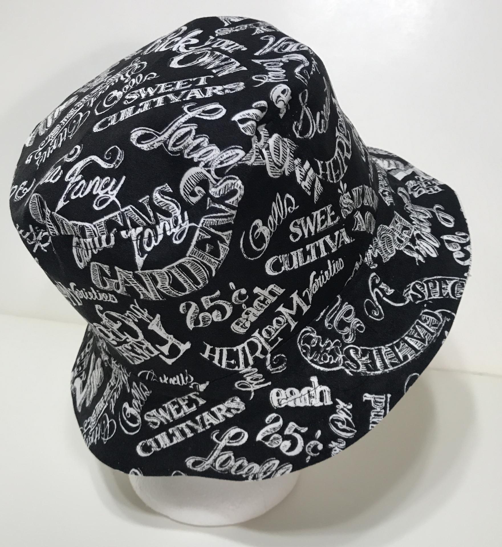 Garden Theme Bucket Hat, Black & White, Reversible Gardening Hat, Sizes up to 4XL, Cotton, Gift for Gardener, Farmers' Market Vegetables, adults or older children