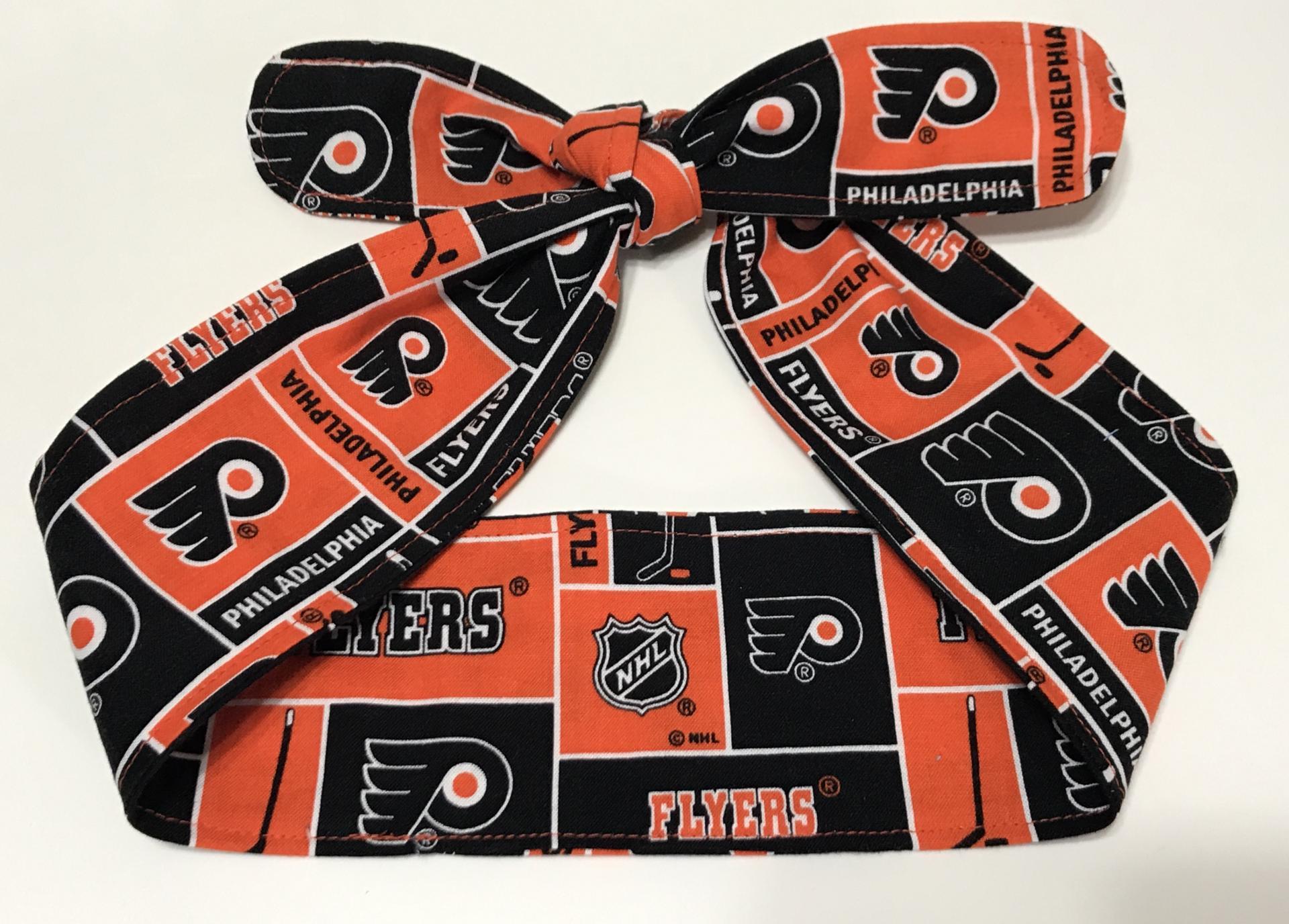 3” wide Philadelphia Flyers headband, self tie, hair wrap, pin up style, hair tie, scarf, bandana, retro, rockabilly, handmade