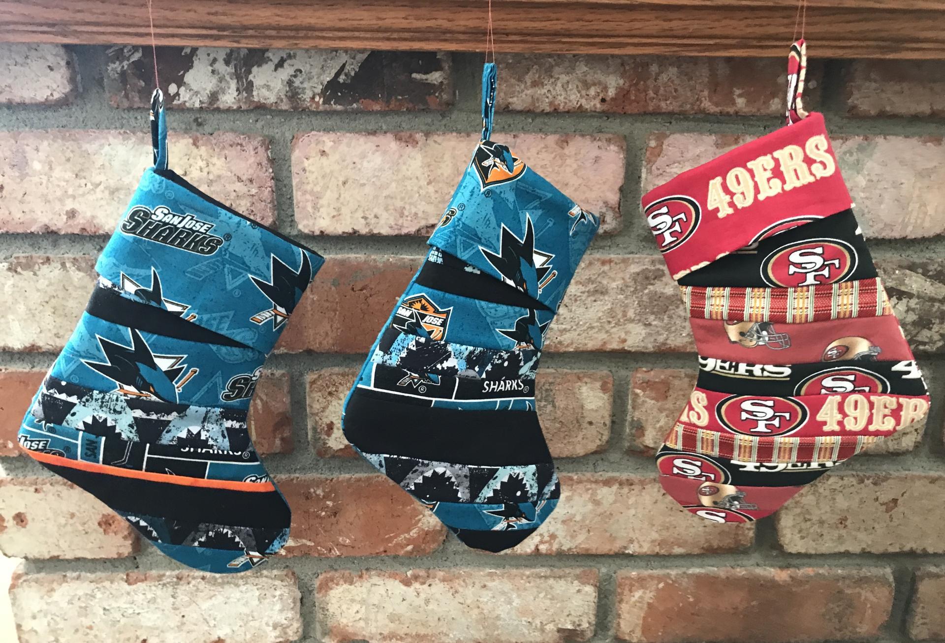 Small 9" San Jose Sharks Christmas Stocking, Quilted SJ Sharks Christmas Stocking, hockey, Sharks Christmas decoration, gift