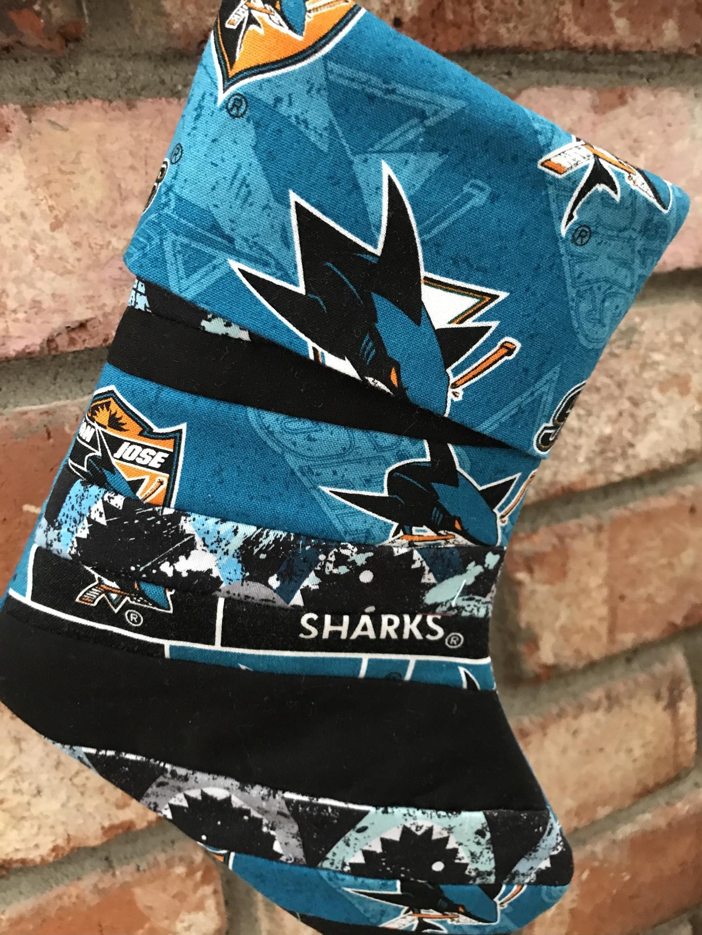 Small 9" San Jose Sharks Christmas Stocking, Quilted SJ Sharks Christmas Stocking, hockey, Sharks Christmas decoration, gift