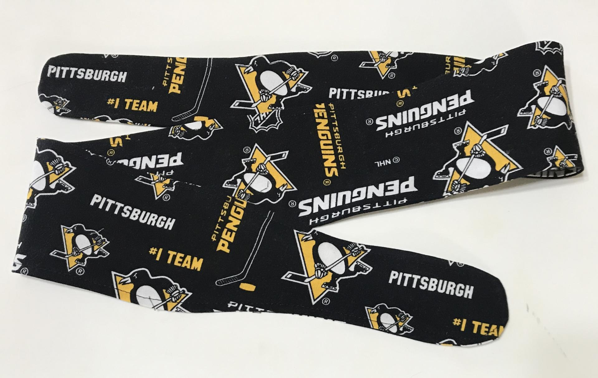 3” wide Pittsburgh Penguins headband, self tie, pin up style, hair tie, scarf, bandana, retro style, rockabilly, handmade