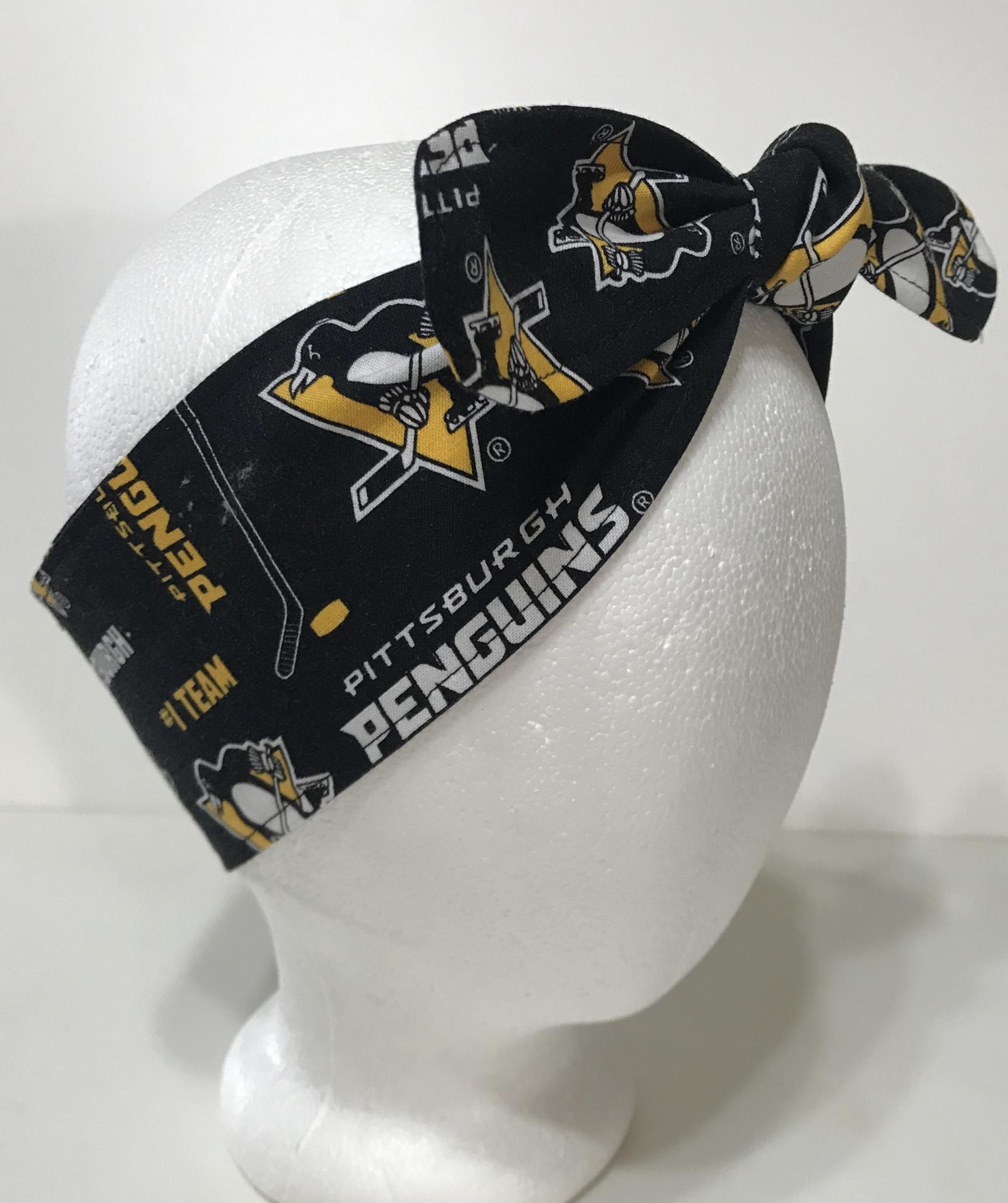 3” wide Pittsburgh Penguins headband, self tie, pin up style, hair tie, scarf, bandana, retro style, rockabilly, handmade