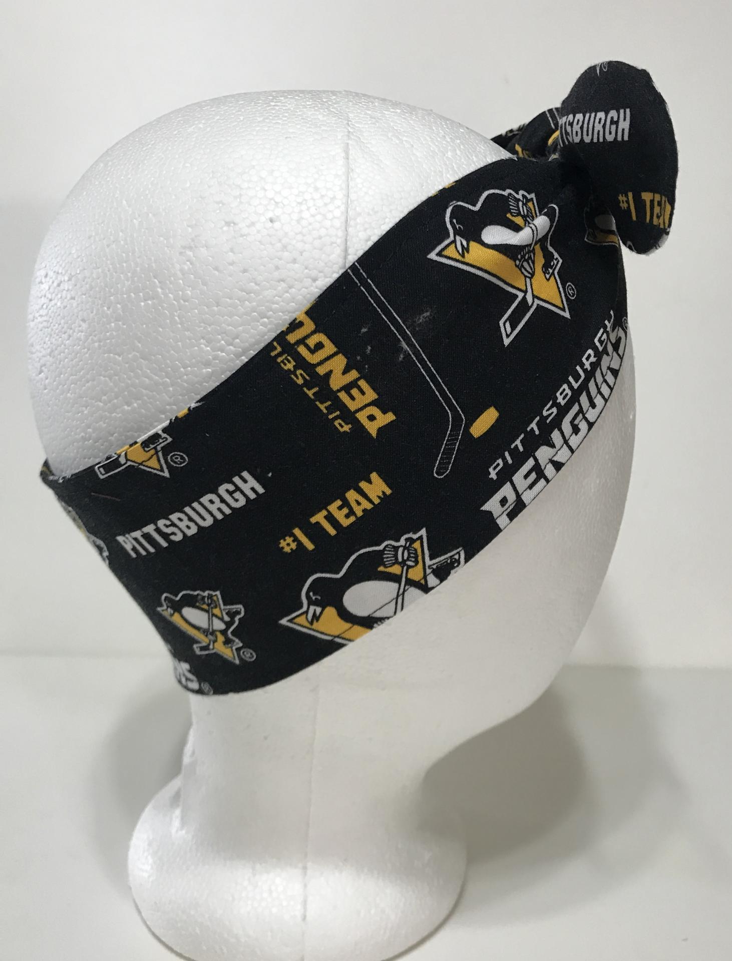 3” wide Pittsburgh Penguins headband, self tie, pin up style, hair tie, scarf, bandana, retro style, rockabilly, handmade