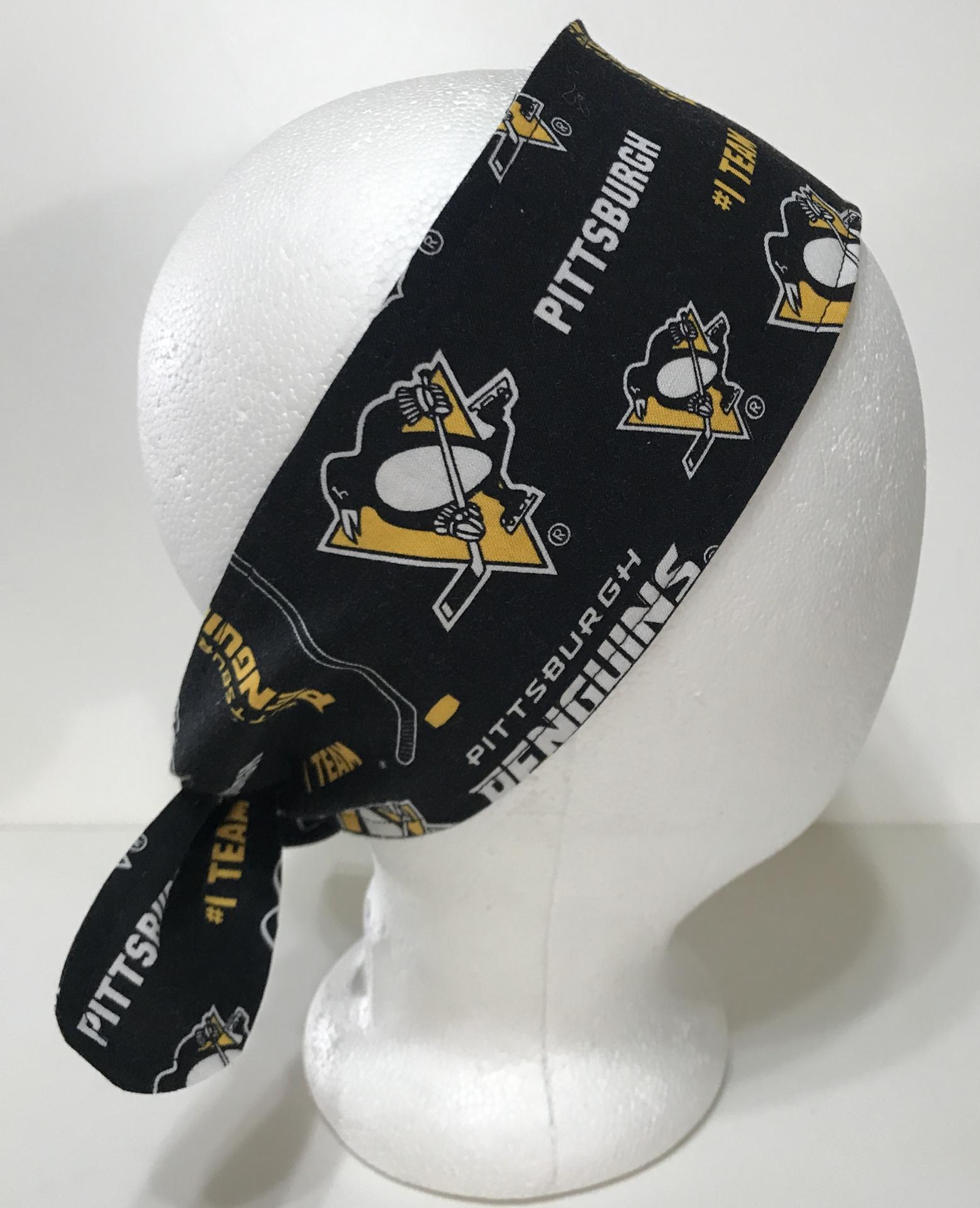 3” wide Pittsburgh Penguins headband, self tie, pin up style, hair tie, scarf, bandana, retro style, rockabilly, handmade