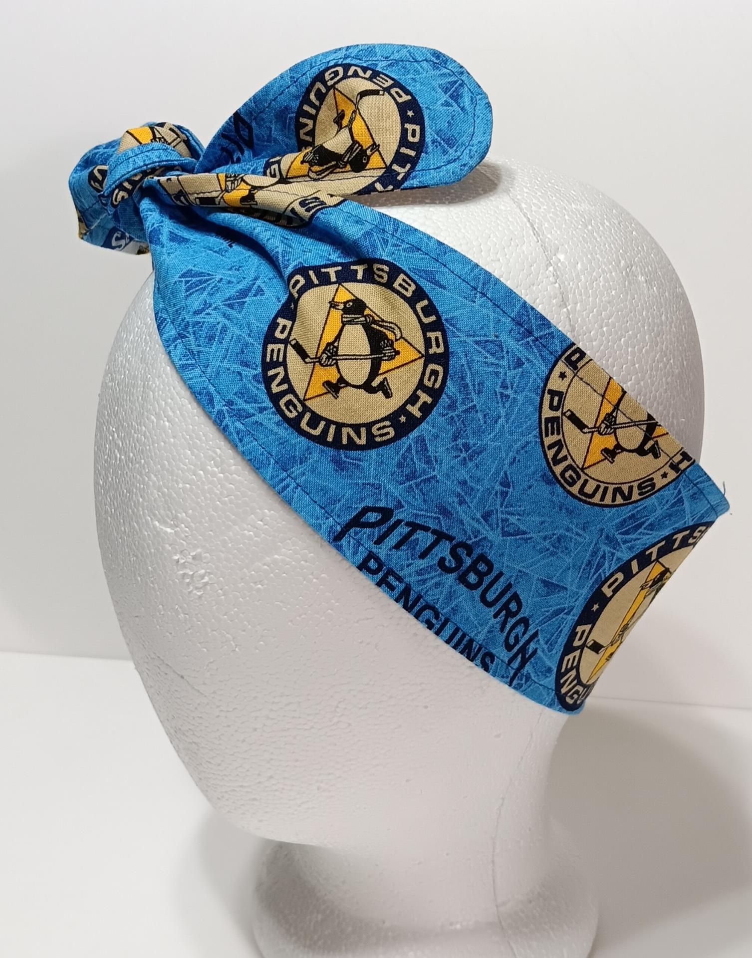 3” wide Pittsburgh Penguins blue throwback headnabd, self tie, hair tie, pin up style, scarf, bandana, retro style, rockabilly, handmade