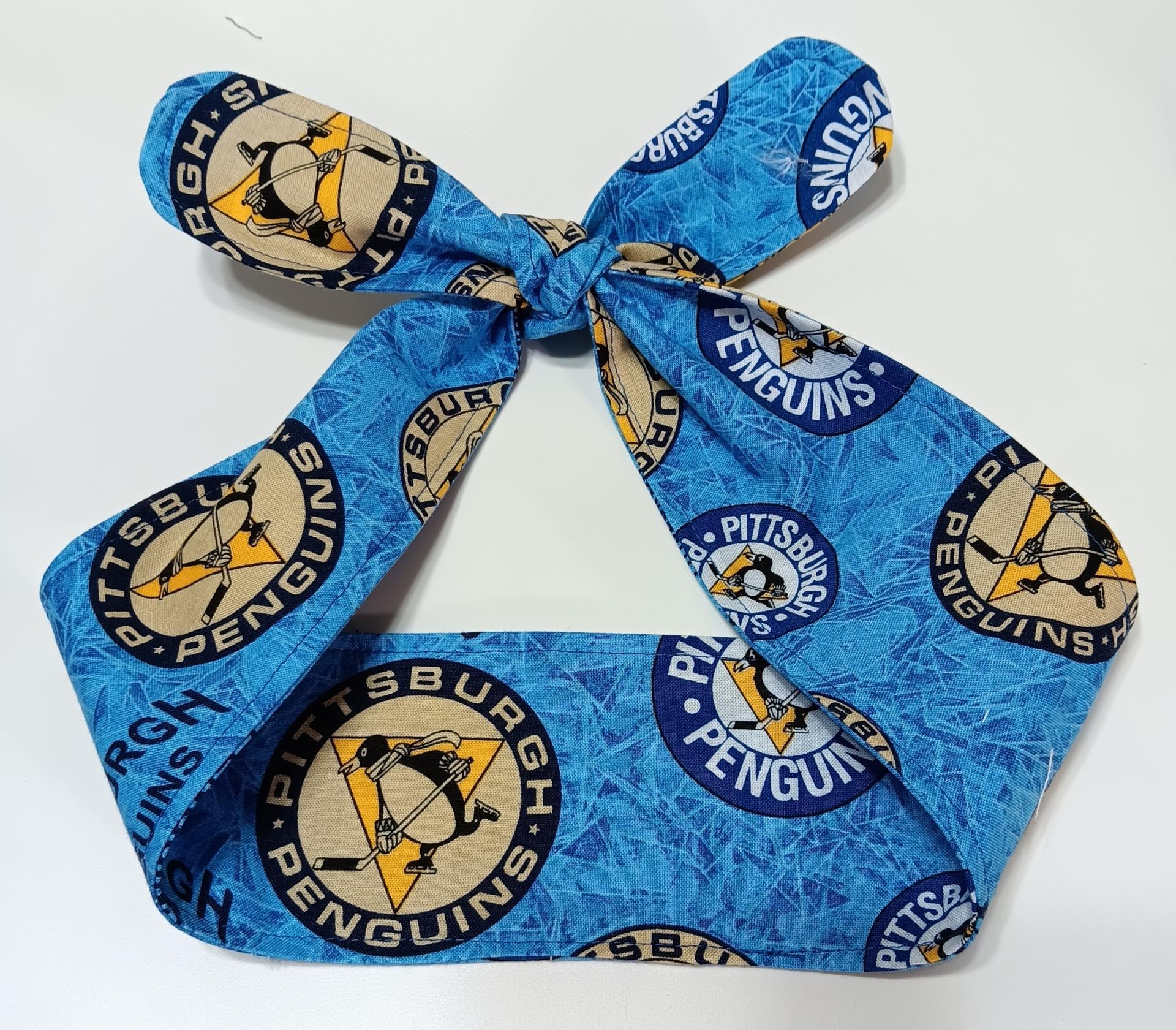 3” wide Pittsburgh Penguins blue throwback headnabd, self tie, hair tie, pin up style, scarf, bandana, retro style, rockabilly, handmade