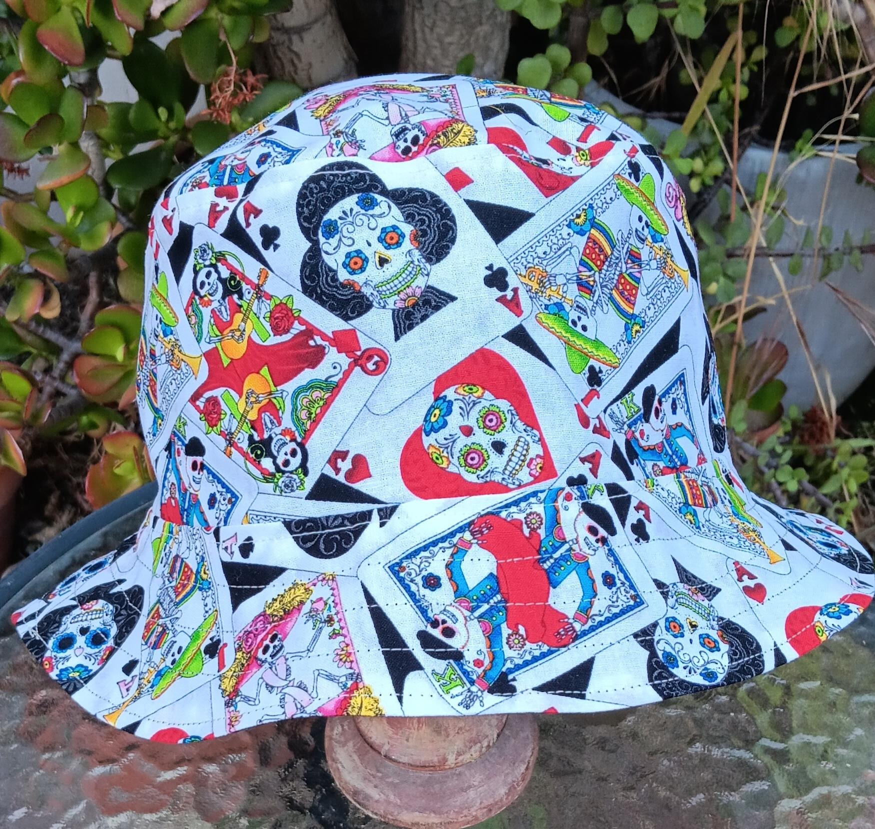 Sugar Skulls Day of the Dead Bucket Hat, Playing Cards, Reversible, Sizes S-L, summer hat, fishing hat, ponytail sun hat, floppy hat, calaveras, Día de los Muertos