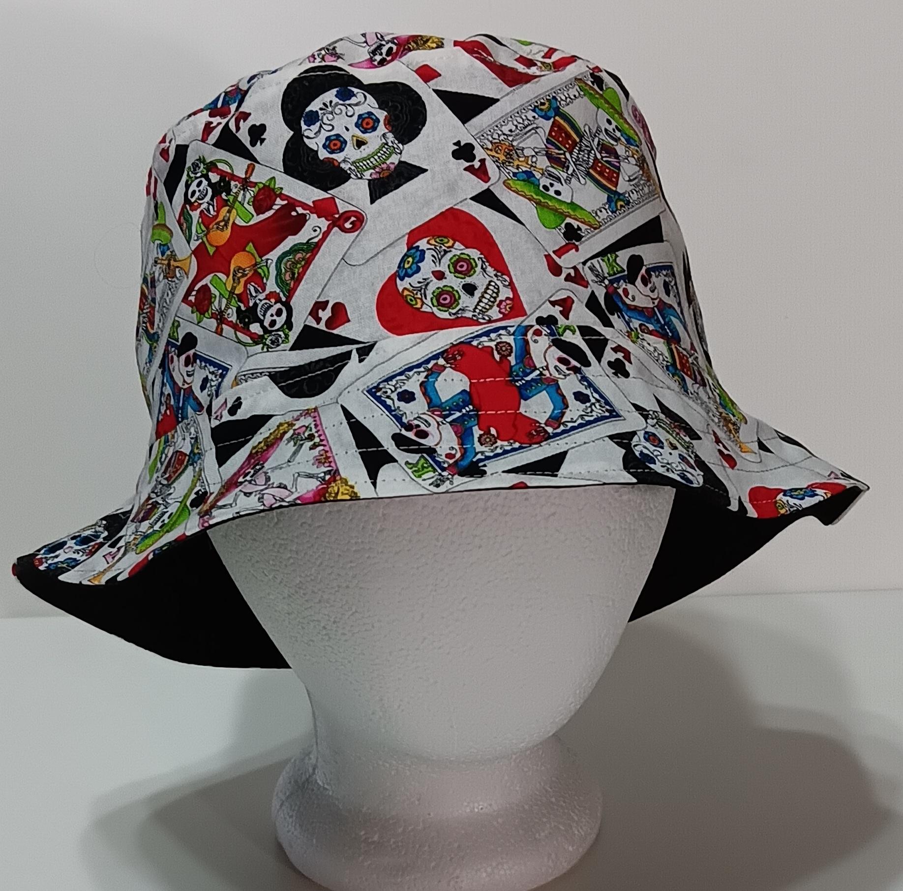 Sugar Skulls Day of the Dead Bucket Hat, Playing Cards, Reversible, Sizes S-L, summer hat, fishing hat, ponytail sun hat, floppy hat, calaveras, Día de los Muertos